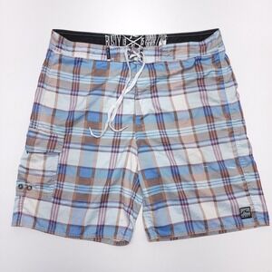 Rusty Board‎ Shorts Mens 36 Blue Brown Plaid Swim Trunks
